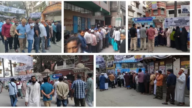 উৎসবমুখর পরিবেশে চলছে ভোটগ্রহণ, কেন্দ্রে দীর্ঘ লাইন